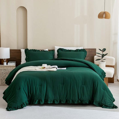 Andency Oversized King Ruffle Comforter Set 120x120, 3 Pieces Dark Green Lightweight Fluffy Super King Bedding Set, Shabby Chic Famhouse All Season Bed Set for Girls Women
