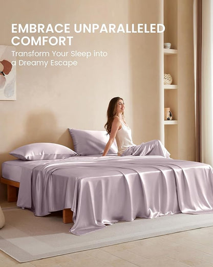 THXSILK Silk Sheet Set 4 Pcs, Full Size Sheet Set, Soft Breathable Cooling Bed Sheets with 1 Flat Sheet, 1 Fitted Sheet, 2 Pillowcases with Zipper Closure, Light Purple