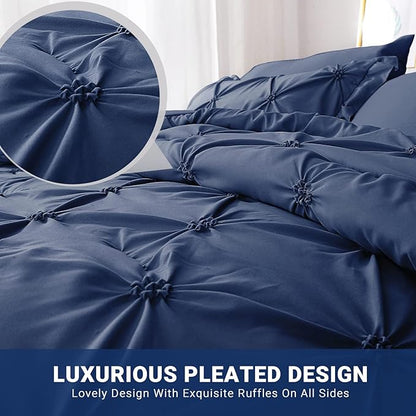 JOLLYVOGUE Navy Blue Cal King Size Comforter Sets 7 Pieces, Pintuck Bed in a Bag Comforter Set for Bedroom, Bedding Comforter Sets with Comforter, Sheets,Ruffled Shams & Pillowcases