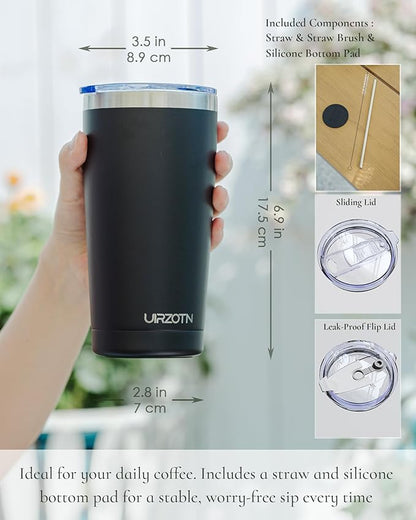 Travel Coffee Tumbler 20oz, Leakproof Travel Coffee Mug with Dual Lids and Straw, Stainless Steel Double Wall Vacuum Insulated Tumbler for Hot/Iced Drinks (Black, Textured Matte)