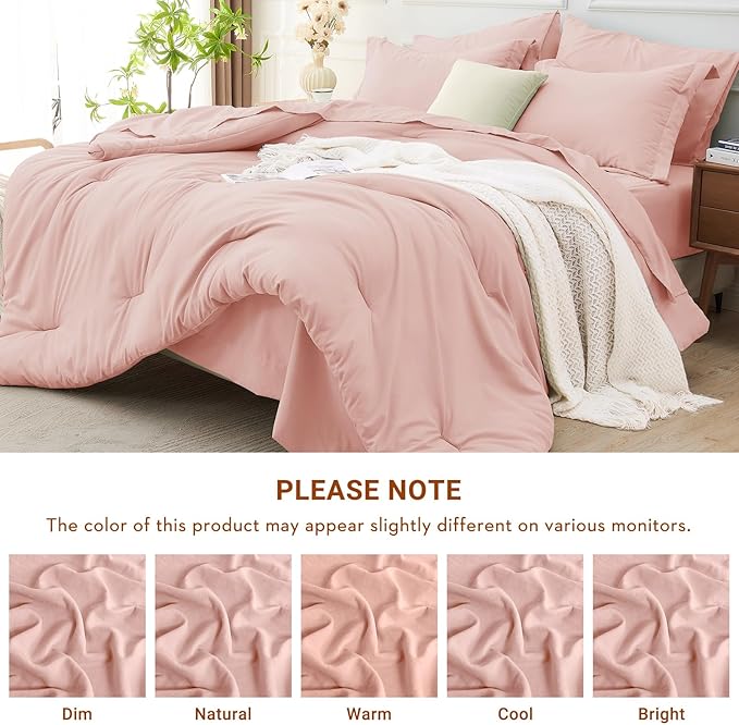 MUXHOMO 7 Pieces Queen Comforter Set, Soft Bed in a Bag Queen Size, All Season Bedding Set with Comforter, Flat Sheet, Fitted Sheet, Pillowcases & Shams, Pink
