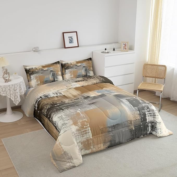 Graffiti Grunge Comforter Set,Brown Grey Tie Dyed Bedding Sets for Women Men,Hand Painted Watercolor Duvet Insert Lightweight,Ombre Oil Painting Down Comforter with 2 Pillowcases Warm,Queen