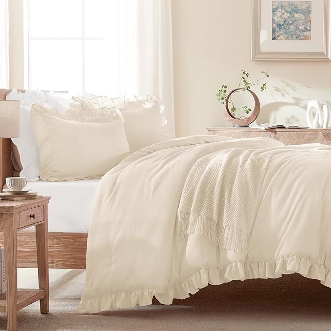 Andency Beige Comforter Set King, 3 Pieces Farmhouse Shabby Chic Ruffle Comforter, Lightweight Fluffy Soft Microfiber All Season Solid Bed Comforter Set (1 Ruffle Comforter & 2 Pillowcases)