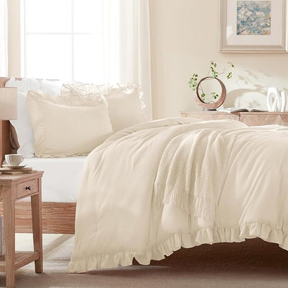 Andency Oversized King Comforter Set 128x120, 3 Pieces Beige Ruffle Shabby Chic Famhouse Bedding Set for Women, Lightweight Fluffy Super King Plus Bed Set for Girls