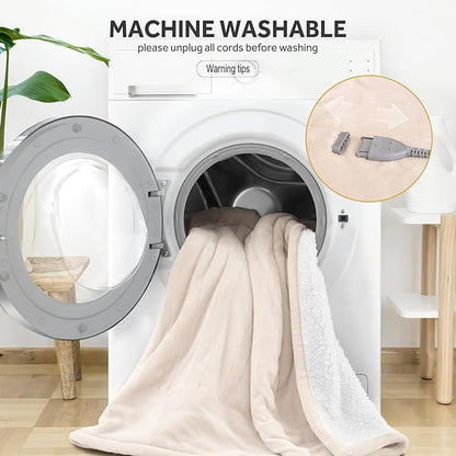 Heated Blanket Electric Blanket King Size Soft Flannel Sherpa, 6 Heat Levels Fast Heating, 2 to 10 Hours Auto-Off Detachable Controller Machine Washable, Beige 100"x90"