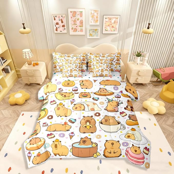 Capybara 7 Pcs Bedding Set Full Size,Cartoon Cute Capybara Animals Bed in a Bag,Funny Rodent Animal Bed Set Includes Comforter,Sheet Set,Pillowcases & Pillow Covers,Stars Hearts Desserts Bedroom Decor