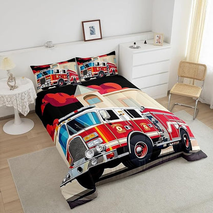 Erosebridal Fire Truck Bedding Set for Boys, Cartoon Fire Rescue Vehicle Comforter Set Child Car Down Comforter, Bedroom Decorations Quilted Duvet for Kids Teens Child Teenager Girls, Twin Size