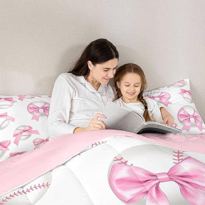 Baseball Bowknot Bedding Sets Twin Size,Baseball Sport Games Comforter Set 2Pcs for Kids Girls Boys Women Room Decor,Pink Bow Tie Print Quilted Duvet Sweet Modern Down Comforter,1 Pillowcase