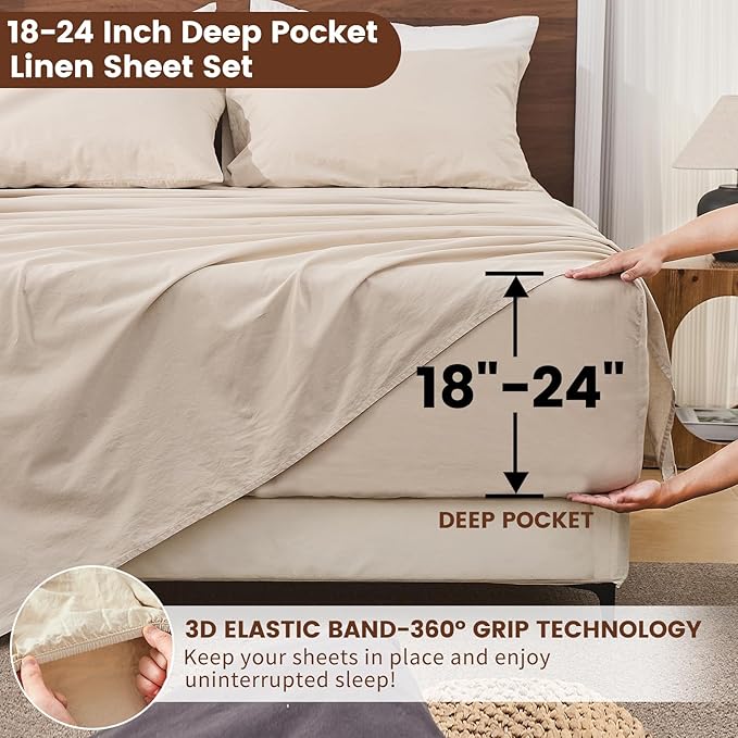 Bedlifes 100% French Linen Sheets Queen Size 18-24”Extra Deep Pocket 4-Piece Set Breathable & Moisture-Wicking,Soft & Durable Sheets for Thick Mattresses(Linen)