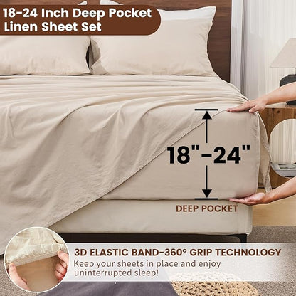 Bedlifes 100% French Linen Sheets Queen Size 18-24”Extra Deep Pocket 4-Piece Set Breathable & Moisture-Wicking,Soft & Durable Sheets for Thick Mattresses(Linen)