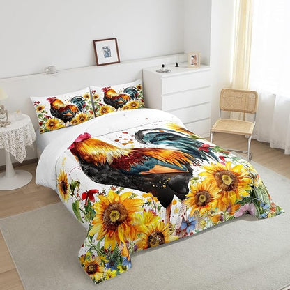 Erosebridal Sunflower Comforter Set Queen Size, Chicken Bedding Set, Yellow Floral Down Comforter, Watercolor Botanical Chick Animal Red Rooster Duvet Set, Tie Dye Quilted Duvet Bedroom Decor