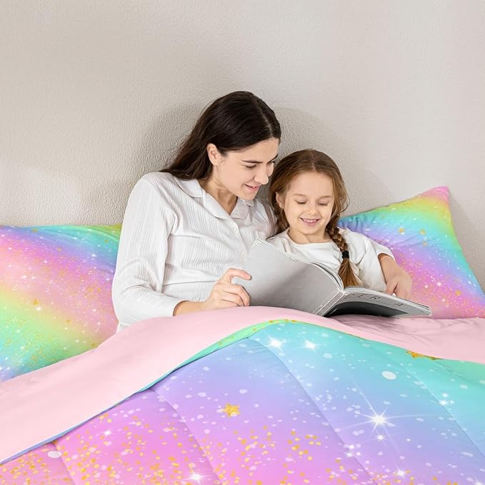 Feelyou Pink Rainbow Comforter Set Queen Size Glitter Galaxy Bedding Set for Kids Boys Girls Colorful Duvet Quilt Lovely Kids Rainbows Bedroom Decor Multicolor Microfiber 3 Pcs with 2 Pillow Cases