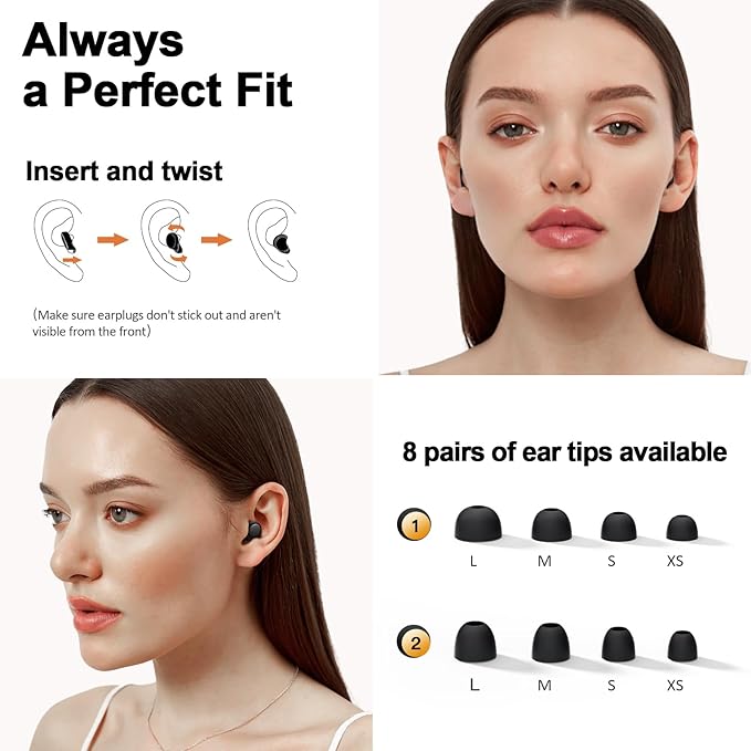 55dB Ear Plugs for Sleeping Noise Cancelling, Noise Reduction Earplugs for Sleep, Snoring, Reusable Noise Cancelling Ear Plugs for Concerts, Work, Airplane, Silicone Sleep Earplugs with 8 Tips Black