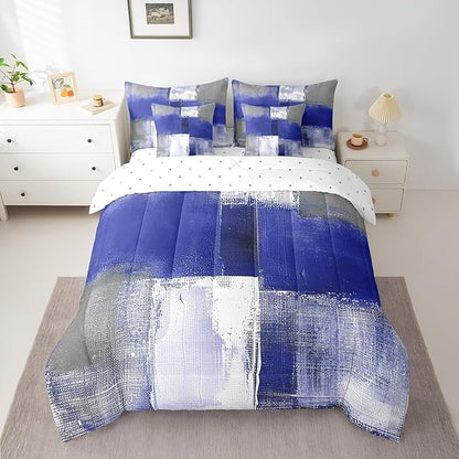 Erosebridal Navy Blue White Grey Bed in a Bag 7 Pieces Graffiti Bedding Comforter Sets with Flat Sheet and Fitted Sheet, Watercolor Full Bedding Sets with Pillowcases and Throw Pillow Covers