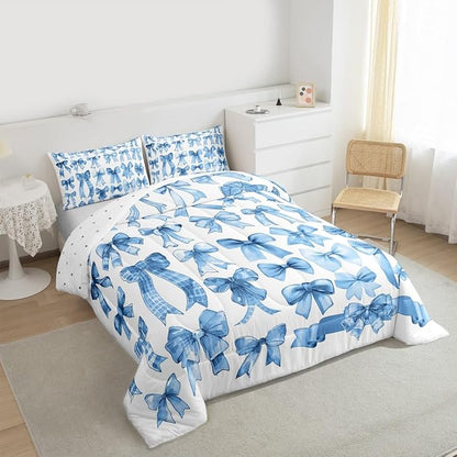 Castle Fairy Cute Bow Comforter Set Queen Size,Blue Bow Bedding Set 3Pcs for Kids Teens Adults Room Decor,Bows Grid Duvet Insert Fashion Preppy Quilted Duvet Sets,2 Pillowcases