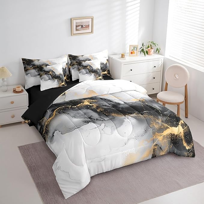 Black and Gold Bedding Comforter Sets 7 Pieces Watercolor Marble Bed in a Bag, Abstract Marbling Twin Bedding Sets Stone Pattern Comforter Set, Mountain Fluid Foil Print Bedding Sets & Collections