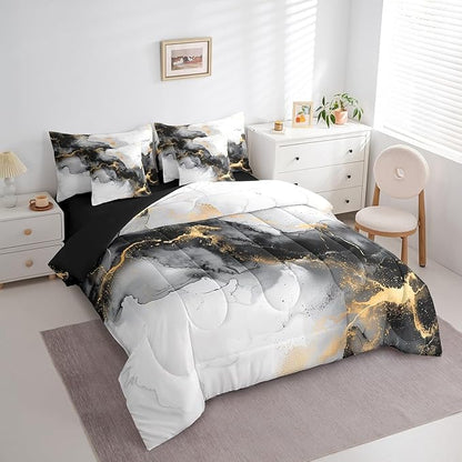 Black and Gold Bedding Comforter Sets 7 Pieces Watercolor Marble Bed in a Bag, Abstract Marbling Twin Bedding Sets Stone Pattern Comforter Set, Mountain Fluid Foil Print Bedding Sets & Collections