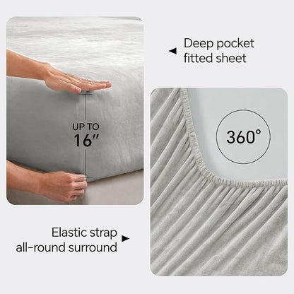 BEDELITE Flannel Sheets Queen Size Light Grey - Super Soft Fleece Sheets Set Fluffy Extra Plush, 4 Piece(Include Fitted Sheet, Flat Sheet, 2 Pillowcases)