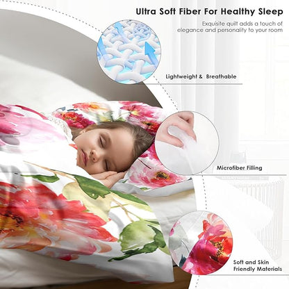 Comforter Set Full Size, Summer Flower Peony 3 Pcs Soft Bedding Set for Kids and Adults, Floral Rose Pink Comforter Set with 2 Pillowcases, for Bedroom Bed Decor