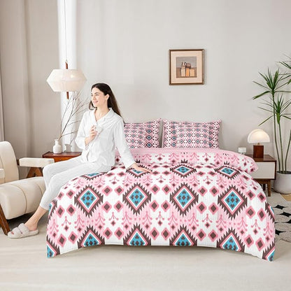 Erosebridal Boho Aztec Bed in A Bag Full 7 Pcs Bohemian Southwestern Comforter Set for Kids Boys Western Ethnic Tribal Mexican Bedding Sets Pink Cowgirl Geometric Diamond Sheet Set with Comforter