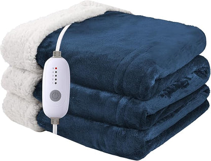 Heated Blanket Electric Blanket Full Size 72''x84'' with 5 Heating Levels, 10 Hour Auto Shut Off, Machine Washable, Flannel & Sherpa Soft Warming Blanket for Couch, Bed, Office - Navy Blue