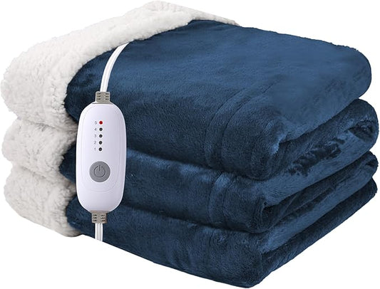 Heated Blanket Electric Blanket Full Size 72''x84'' with 5 Heating Levels, 10 Hour Auto Shut Off, Machine Washable, Flannel & Sherpa Soft Warming Blanket for Couch, Bed, Office - Navy Blue