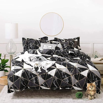 Houseri Black Comforter Set Full Black and White Geometric Marble Full Size Bedding Sets Boys Soft Breathable Black Plaid Bedding Modern Chic Triangle Gold Diamond Grid Comforters Bed Quilt Full