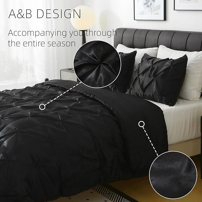 Satin Comforter Set Queen Size, 3-Piece Black Pinch Pleat Bedding Sets, Comforter, Pillowcases, Offering Exceptionally Soft and Smooth Comfort for All Season Use