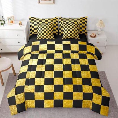 Checkered Retro Comforter Set With Sheets 7 Piece King Size Golden Black Plaid Bed in a Bag Kids Boys Girls Geometric Vintage Bedding Set Modern Simple Groovy Aesthetic Bedroom Decor Breathable Soft