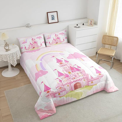 Feelyou Kids King Pink Castle Comforter Set Rainbow Castle Bedding Set Girls Princess Comforter Fairy Tales Duvet Set Girls Bed Set 3Pcs