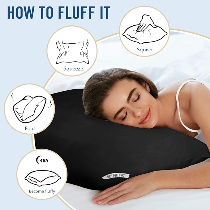 Down Alternative Bed Pillows, King Size 4-Pack - Gentle & Safe Plush Hotel Pillows for Side Back Stomach Sleepers - Breathable Supportive Black Pillow Set