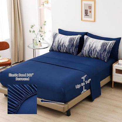 Dinjoy Ombre Blue Comforter Set King Size Gradient Navy Blue White Boho Bedding Set for Teen Men Women 7 Pieces Bed in A Bag Bohemian Bed Set with Comforter, Sheets, Pillowcases & Shams