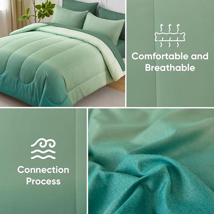 Queen Comforter Set Gradient Green - Bed in a Bag Queen Size 7 Pieces, Luxury Soft Bed Set for All Seasons, Bedding Set with Down Alternative Comforter, Sheets, Pillowcases & Shams