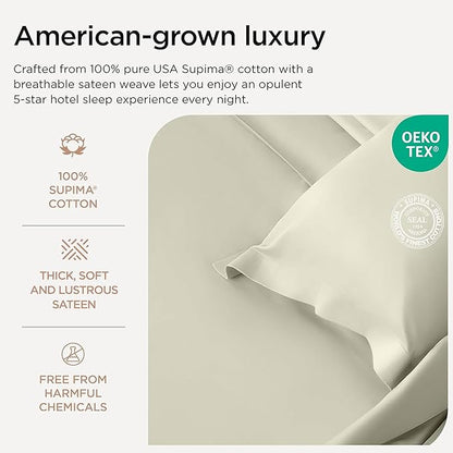 Threadmill Certified 100% American Supima Cotton Sheets, California King Sheet, 1000 Thread Count Hotel Quality Sateen Weave, 4 Pc Luxury Bed Sheet Set, Ivory Sheets with Elasticized Deep Pocket