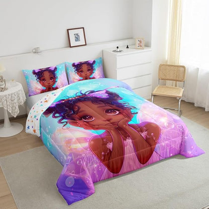 Manfei Cute Black Princess Comforter Set King Size, Little Girl with Wings Bedding Set American Stlye, Kids Room Decor, Blue Purple Galaxy Down Comforter, Reversible Quilt Set,2 Pillowcases
