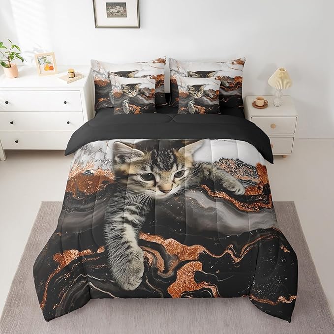 Erosebridal Orange Marble Bedding Set Twin Watercolor Marble Ink Fluid Bed in A Bag Luxury Modern Marbling Cat Comforter Sets with Sheets Retro Artwork Style Aesthetic Bed Set(Orange, Twin)