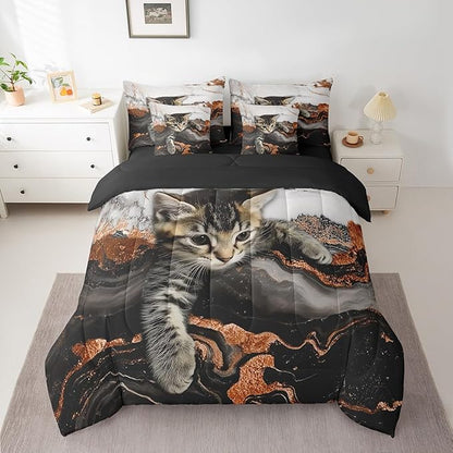 Erosebridal Orange Marble Bedding Set Full Watercolor Marble Ink Fluid Bed in A Bag Luxury Modern Marbling Cat Comforter Sets with Sheets Retro Artwork Style Aesthetic Bed Set(Orange, Full)