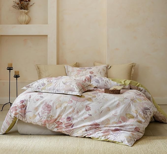 Queen Size Floral Comforter Set, 3Pcs Long Staple Cotton Duvet for All Seasons, Botanical Print Bedding Set with 1 Lightweight Comforter and 2 Pillow Shams