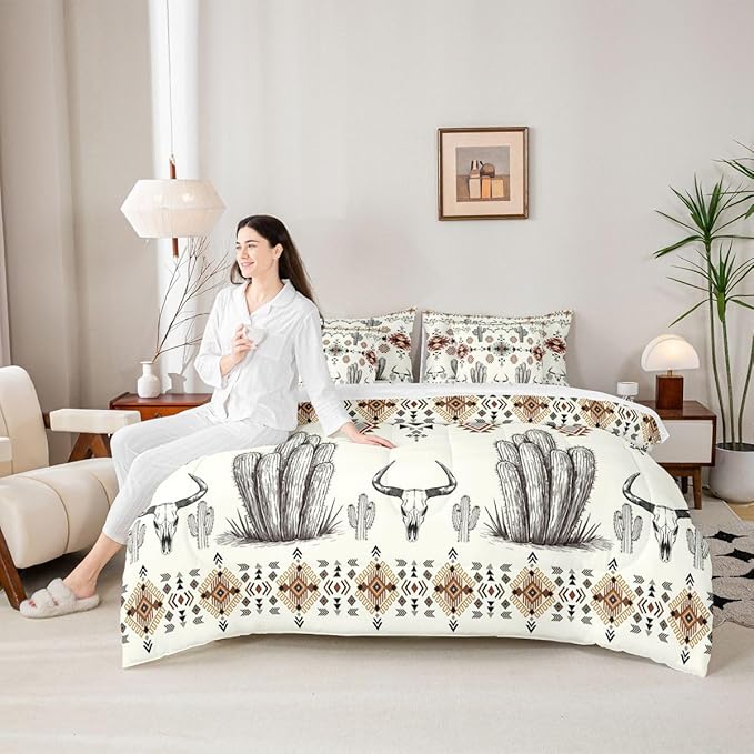 Erosebridal Khaki Southwestern Full Comforter Set with Sheets 7 Piece Vintage Western Aztec Bed in A Bag Rustic Country Geometric Bedding Sets for Women Adults Boho Tribal Cactus Bull Skull Bed Set
