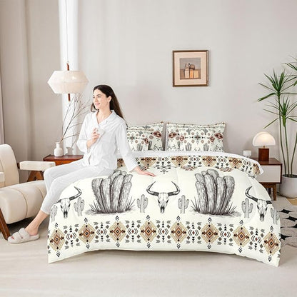 Erosebridal Khaki Southwestern King Comforter Set with Sheets 7 Piece Vintage Western Aztec Bed in A Bag Rustic Country Geometric Bedding Sets for Teens Teenager Boho Tribal Cactus Bull Skull Bed Set