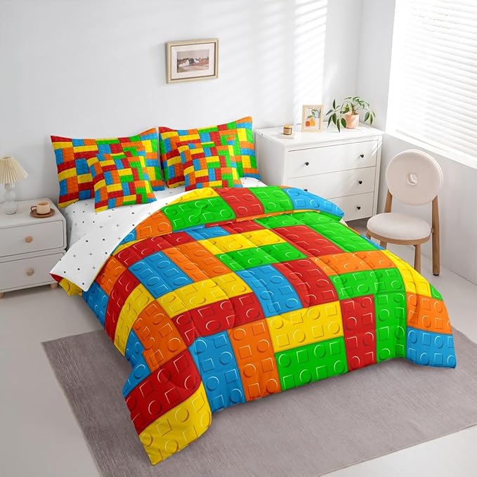 Building Block Kids Comforter Set 7 Pcs King Size, Brick Style Cartoon Gaming Bedding Quilt Set for Child Boys Room Decor Colorful Construction Fitted Flat Sheet 2 Throw Pillow Covers 2 Pillowcases