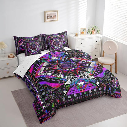 Feelyou Sun Moon Bed in a Bag with Comforter, Twin Size 7Pcs Boho Exotic Bedding Set with Comforter, Purple Bohemian Galaxy Comforter Women Men Teens Ultra Soft Decor Astrology Space Room Decor