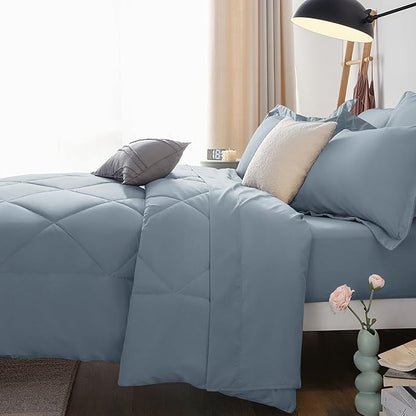 CozyLux Oversized Queen Comforter Set Dusty Blue, 7 Pieces Bed in a Bag Comforter Set with Sheets Luxury Bed Set All Seasons, Bedding Set with Down Alternative Comforter, Sheets, Pillowcases & Shams