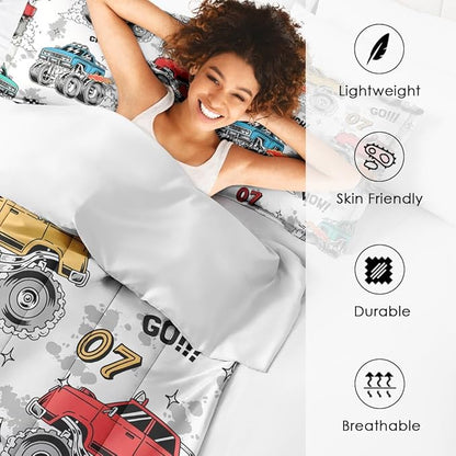 Trucks Car Race Comforter Set for Boys Kids Toddlers Teens Adults Full, Cool Vehicle Wheel Bedding Sets Water Washed Microfiber Bedding with 1 Comforter 2 Pillowcase All Season