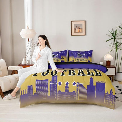 Erosebridal Kids Football Bed in A Bag Queen American Soccer City 7 Pcs Bedding Set for Boys Girls,Sports Rugby Navy Blue Comforter Set with Sheets Chic City Silhouette Ball Games Bed Set