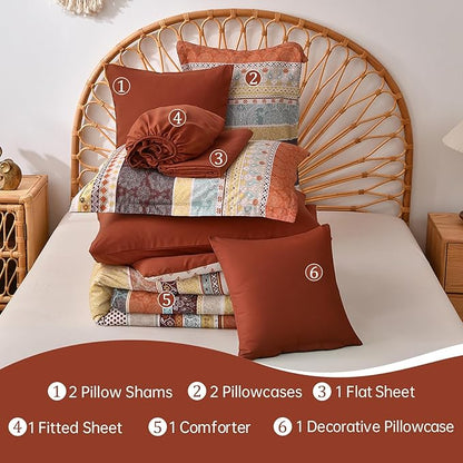 Cottolester Boho Comforter Set Queen Size,8 Pieces Red and Orange Bohemian Striped Bed in a Bag,Paisley Soft Microfiber Bedding Comforter Set