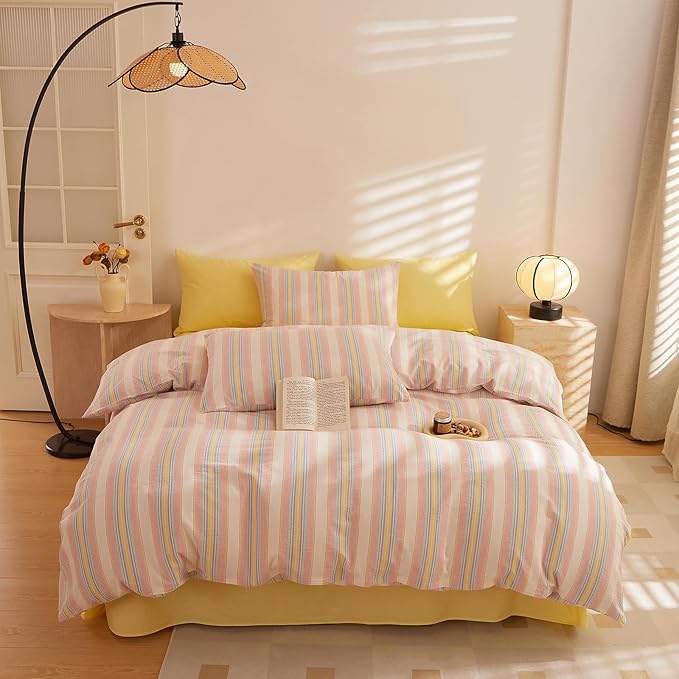 HighBuy Striped Comforter Set King Modern Pink Yellow Striped Comforter Set 3 Pieces Soft Fluffy Stripes Pattern Comforter with 2 Pillowcases Farmhouse Bedding Set King for Women Men