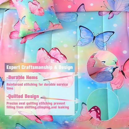 JQinHome 6 Pc Twin Rainbow Butterfly Comforter Set - 3D Butterfly Design Butterflies Bedding with Sheet Sets Bed in A Bag for Girls Kids Teens (Rainbow)