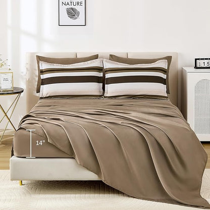 WONGS BEDDING Comforter Queen Size, Brown 7 Pieces Comforter for Queen Bed Striped Bed in a Bag Soft Bedding Comforter Set for All Season(90"×90")