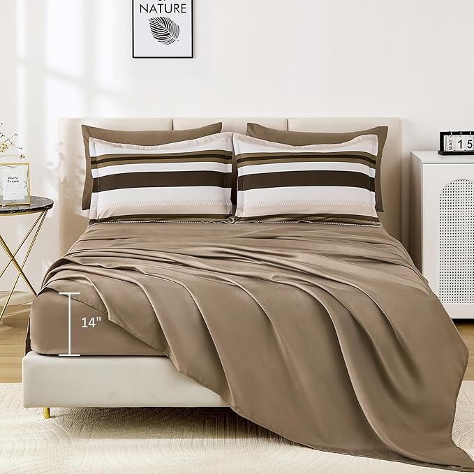 WONGS BEDDING King Size Comforter 7 Pieces, Brown King Comforter Set with Sheets, Striped Bed in a Bag Boho Lightweight Bedding Set for All Seaon (104"×90")